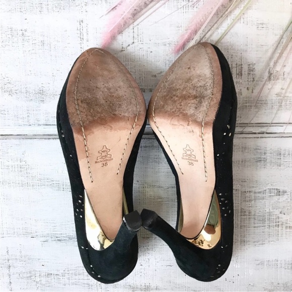 Alice + Olivia Suede Laser Cut Pumps -black and gold,  size EUR 38 - Picture 5 of 6